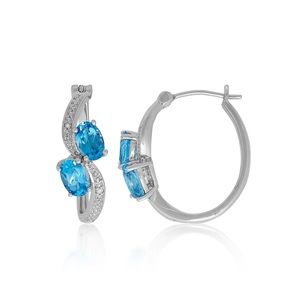 Blue Topaz Diamond Hoop Earrings Sterling Silver
